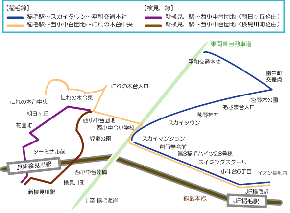平和交通バス　稲毛・検見川線の路線地図です。